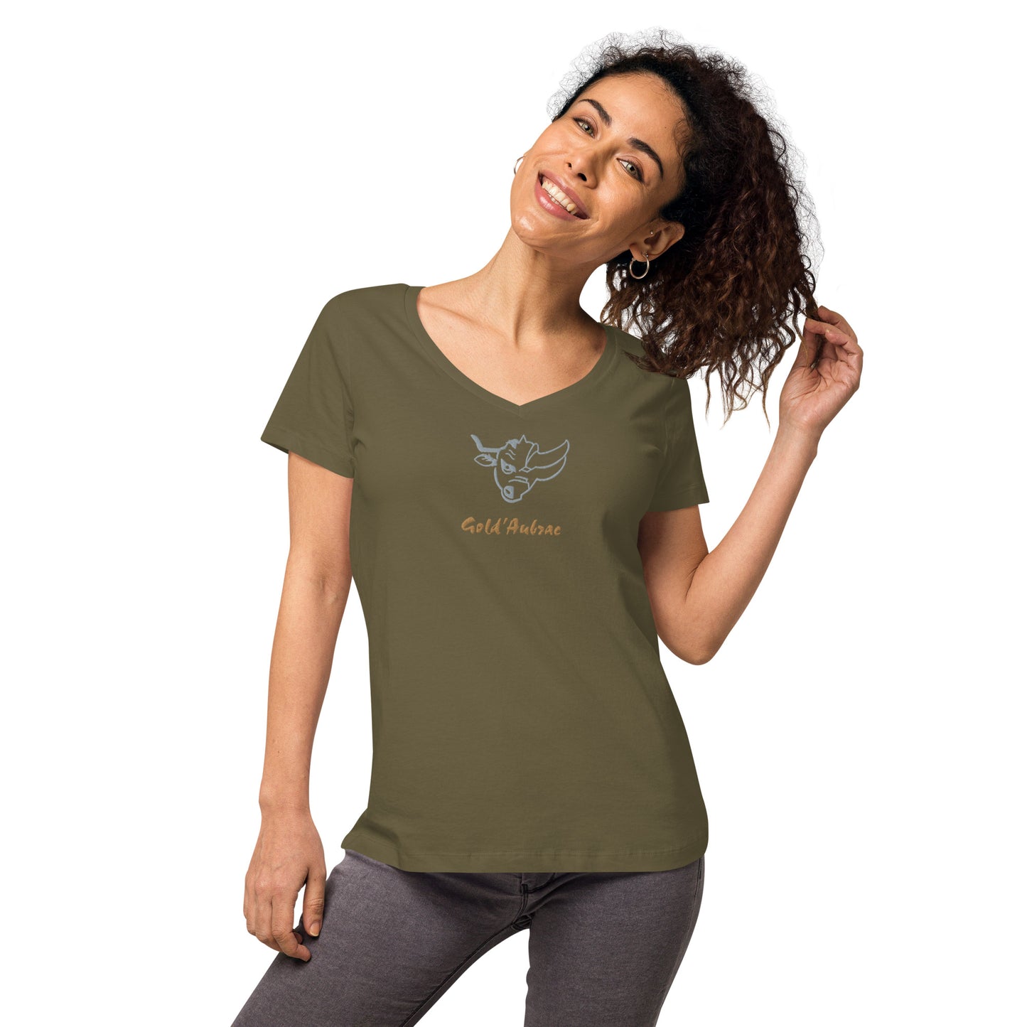 Broderie centre STZ,T-shirt col V ajusté femme