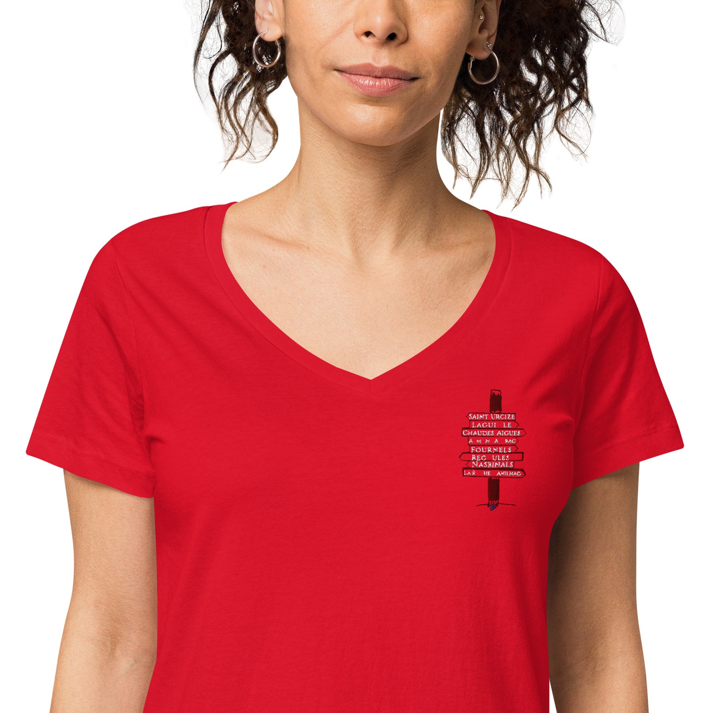 Broderie STZ, T-shirt col V ajusté femme