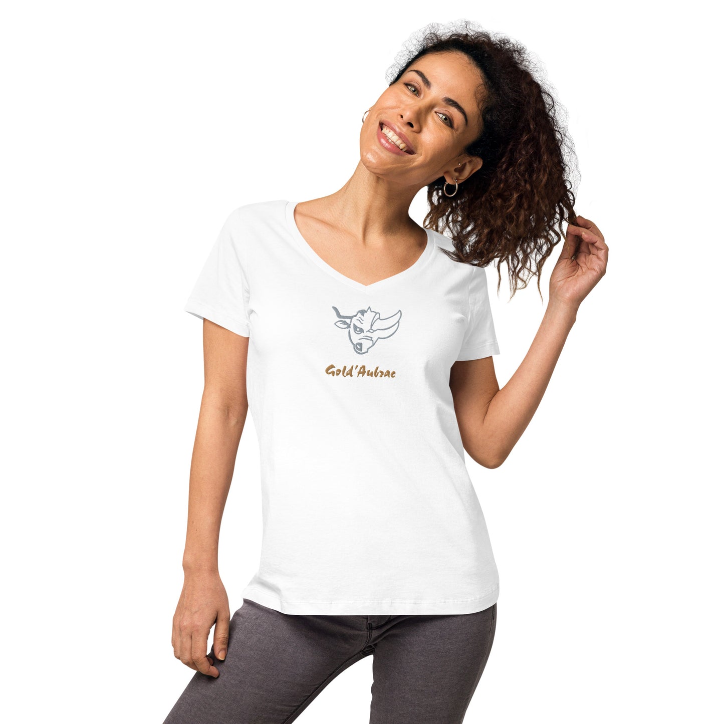 Broderie centre STZ,T-shirt col V ajusté femme