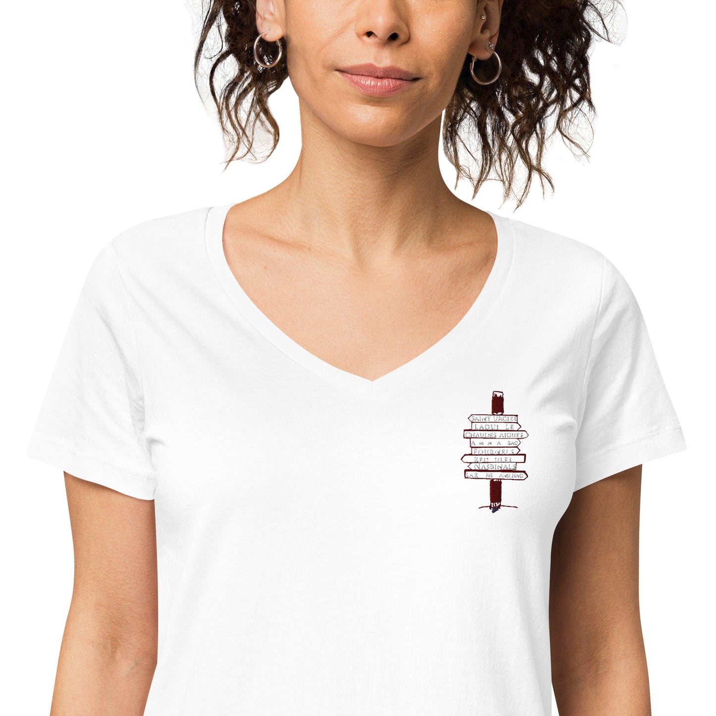 Broderie STZ, T-shirt col V ajusté femme